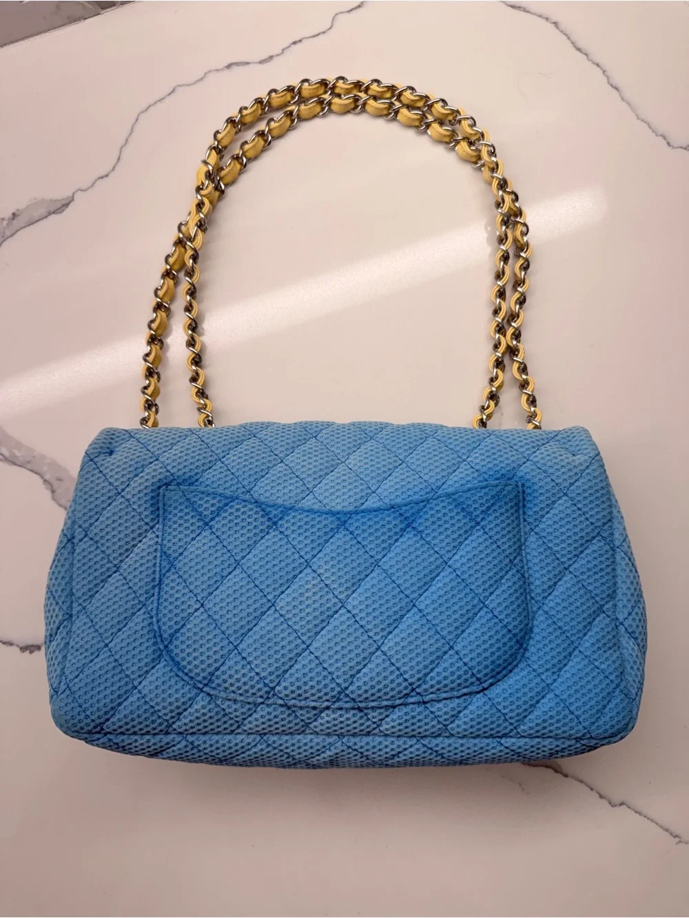 CHANEL Blue Quilted Perforated Jersey Shoulder Bag with  Chain